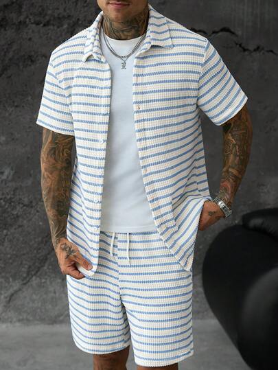 SLATEMANN Men's Spring/Autumn Comfortable Pineapple Floral Striped Classic Short Sleeve Shirt And Elastic Drawstring Shorts 2-Piece Set, Casual Vacation, Daily Office, Home, Gathering, Dating, Minimalist Business, Convenient For Driving Or Cycling, Suitable For Formal Or Informal Occasions, Perfect For Self-Wear Or Gifting To Friends, Classic Bestselling Yamamoto Series Shirt Set