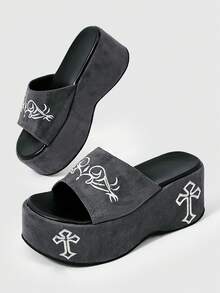 ROMWE Women's Slope Heel Platform Sandals Dark Rock Punk Goth Shoes Open-Toed Roman Beach Sandals Word With Embroidery Party Dress Shoes - - Grey embroidered slippers - View 2