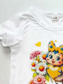 春夏休闲时尚创意可爱瓢虫、雏菊、波点、蝴蝶结、爱心、蝴蝶印花基础款短袖T恤，舒适百搭，适合女童日常穿着，春、夏、秋季皆宜。 - 白色 - 查看 9