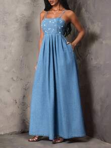 Glamine SHEIN Glamour Women's Denim Rhinestone Dress - Blue - View 2