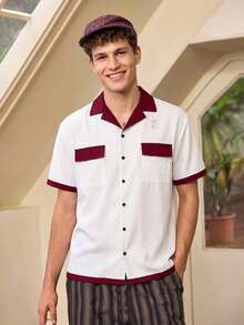 Whitmere Men's Red & White Contrast Pattern Shirt, College Style Letter Print Short Sleeve Button-Down Shirt, Retro Sporty Loose Fit Top - Multicolor - View 4