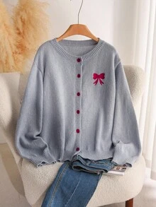 CosyJoli Cárdigan de manga larga con lazo bordado y abotonadura sencilla para mujer de talla grande en otoño/invierno - Gris - Ver 7