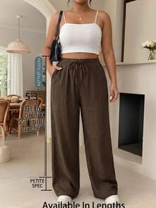 SHEIN PETITE CURVE 大尺碼女款素色抽繩腰休閒百搭日常旅行長褲 - 咖啡棕 - 查看 2