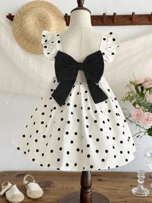 SHEIN LMoss Kids 女童編織波點方領荷葉邊露背蝴蝶結休閒洋裝 - 杏色 - 查看 3
