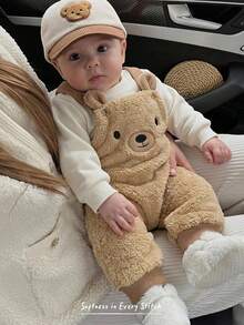 Cozy Pixies Baby Boy Solid Color Knit Soft Crew Neck Long Sleeve Pullover Sweatshirt With Cute Teddy Bear Embroidered Pattern And Suspenders Long Pants 2-Piece Set, Versatile And Comfortable - Khaki - View 10