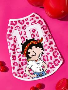 Betty Boop x SHEIN 1件卡通圖案印花寵物背心，貓咪衣服，狗狗衣服，尺寸XXS-XXXXL，特小號，特大號，豹紋印花，性感甜美俏皮 - 粉色豹紋 - 查看 1