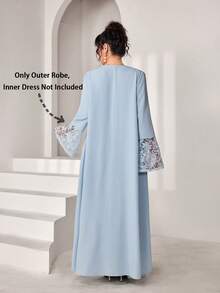 Yasmyna Elegant Blue Contrast Lace Flared Sleeve Open Front Robe, Spring/Summer - Baby Blue - View 3