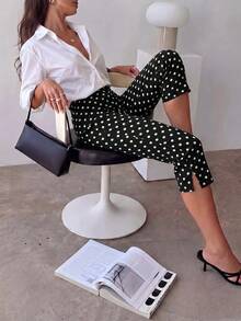 Lavishia Damen-Mode Polka-Dot Slim-Fit Mid-Length Hose mit Seitenschlitz, schmeichelhafte vielseitige Streetwear - Schwarz - Übersicht 4
