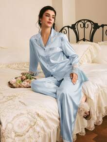 Côtesoire Women's Contrast Lace Bell Sleeve Single-Breasted Top And Long Pants Elegant Pajama Set - Baby Blue - View 6