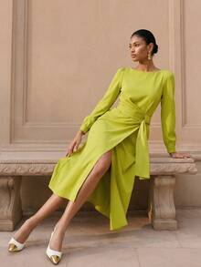 MOTF PREMIUM Vestido de mujer para primavera/otoño de negocios de unicolor con cintura anudada y largo hasta la rodilla - Mostaza Amarilla - Ver 3