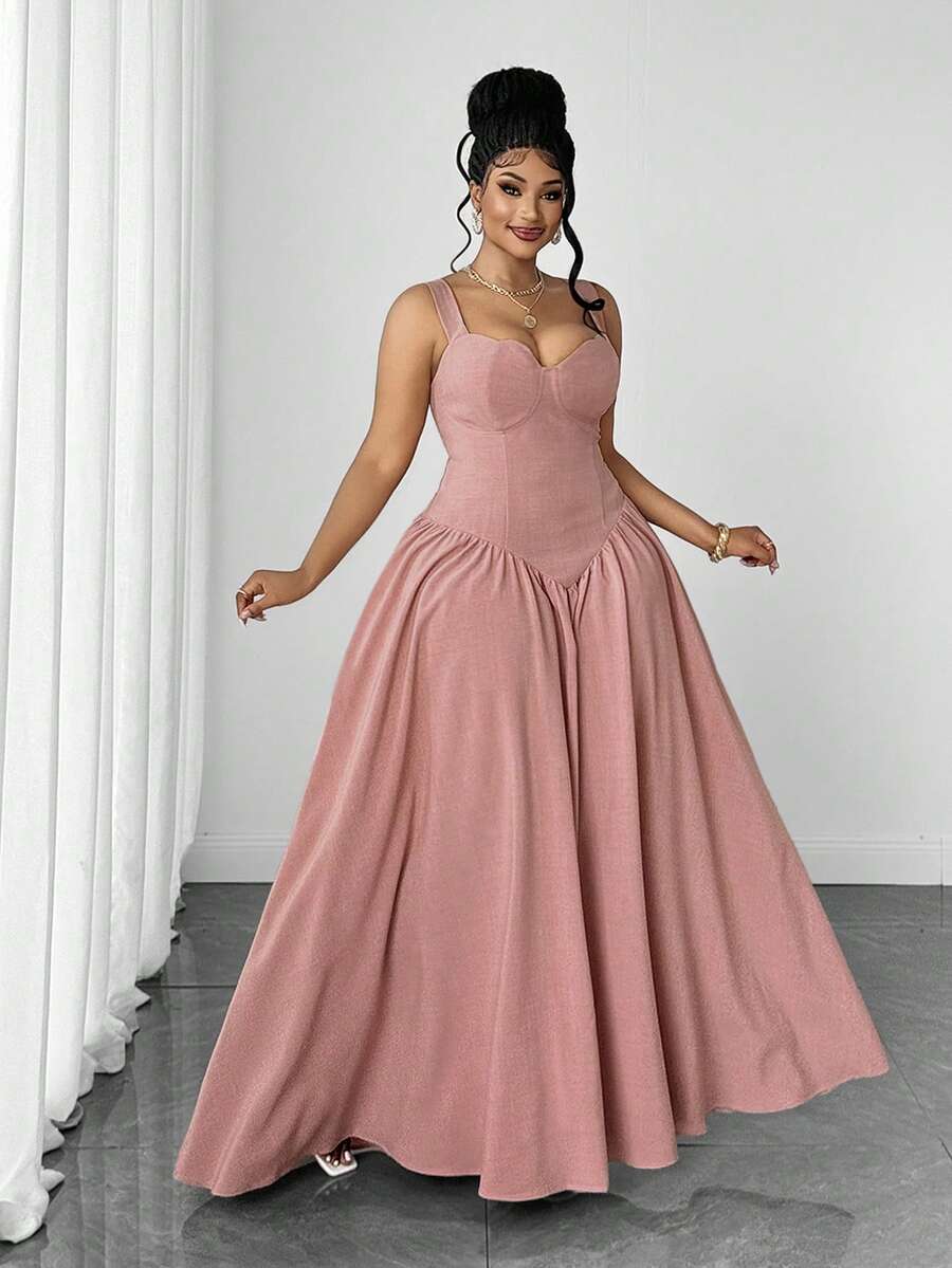 Maweii French Vintage Cinched Waist Strapless Spaghetti Strap Evening Gown, Plus Size Women's Long Dress For Party And Holiday - Dusty Pink - View 1