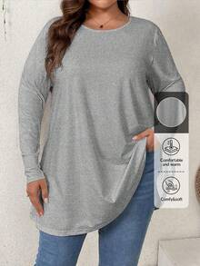Firerie Plus Size Elegant Casual Loose Swing Long Sleeve Round Neck Solid Basic Tee, Suitable For Stay-At-Home Or Going Out Fall - Grey - View 8