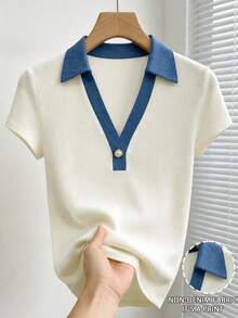 SHEIN Top de mujer de punto ajustado con efecto denim y patchwork, casual, elegante francés, para ir a la oficina, brunch y uso diario, a rayas azules y blancas, de verano - Multicolor - Ver 3