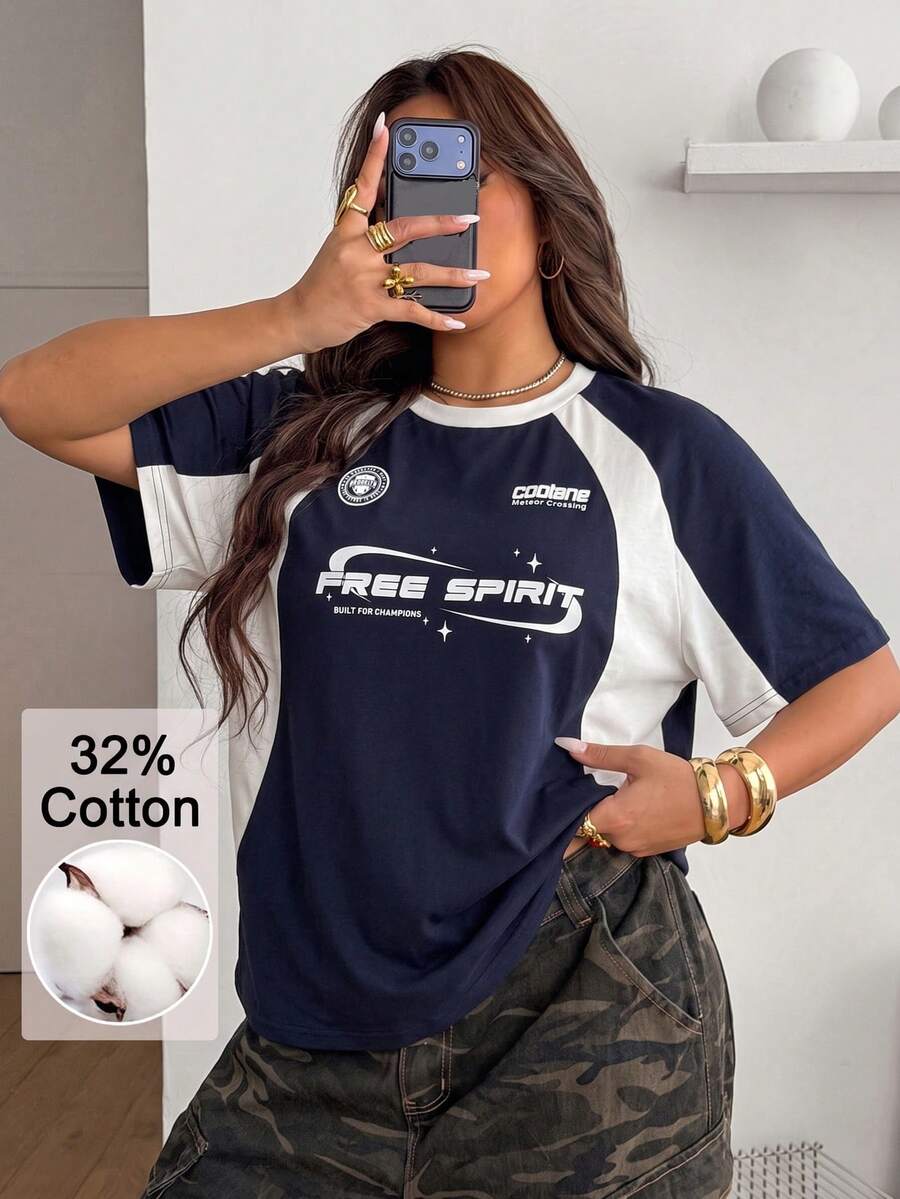 Coolane Camiseta de talla grande con bloques de color, patchwork e impresión de letras - Azul Marino - Ver 1