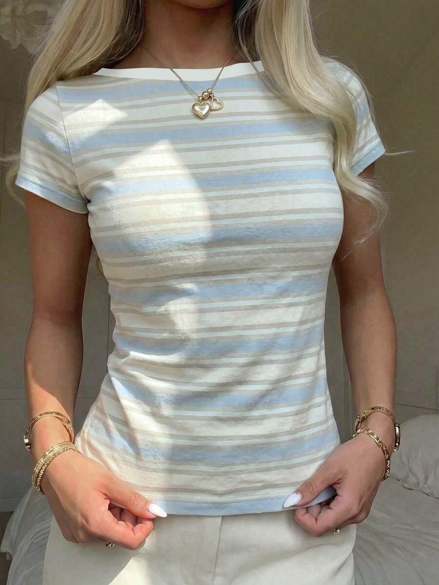 SHEIN 青少年女孩休閒修身條紋T恤,美式復古風格,女款夏季服飾,街頭風,適合日常通勤、約會、派對,適用秋冬春夏,聖誕節、新年、感恩節、婚禮、海灘、畢業典禮,時尚優雅休閒,適合外出、約會、通勤 - 彩色 - 查看 1