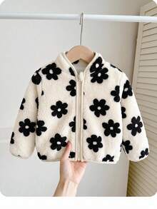 Jaket Kerah Tegak Bermotif Bunga Lembut Serbaguna untuk Bayi Perempuan, Cocok untuk Musim Gugur/Dingin - Hitam dan Putih - View 1