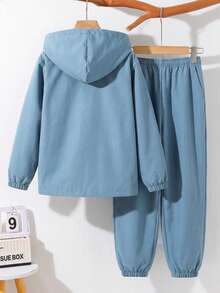 SHEIN 青少年男孩半拉鍊連帽外套與慢跑長褲 2 件套，休閒運動風，適合秋冬穿著 - 藍色 - 查看 2