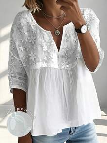 INAWLY Plus Size Solid Color V-Neck Mid-Sleeve Shirt With 3D Floral Decor, Summer Fall - White - View 1