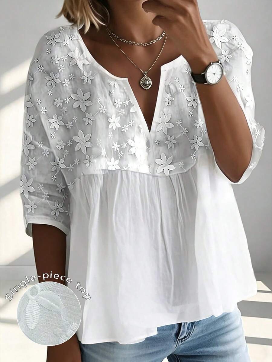 INAWLY Plus Size Solid Color V-Neck Mid-Sleeve Shirt With 3D Floral Decor, Summer Fall - White - View 1