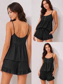 LUVLETTE Summer Sweet Women's Black Elegant Airy Two-Piece Set - Double-Layered Ruffles & Button Front Breezy Refined Home Wear - Black - View 3