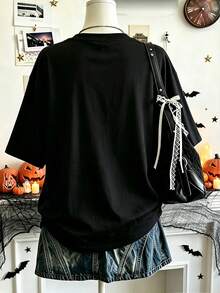Lalippa 女款大尺碼黑色萬聖節幽靈臉南瓜拿鐵棋盤格印花圓領短袖T恤，秋季復古陰森節日風 - 彩色 - 查看 2
