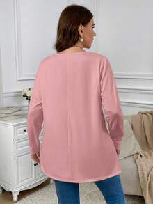 Firerie Plus Size Elegant Casual Loose Long Sleeve Crew Neck Solid Basic Layering Ruffle Hemline T-Shirt Spring Fall - Pink - View 6