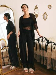 Côtesoire South French Elegant Mature Camisole Long Pants Robe 3 Pieces Pajama Set For Women - Black - View 5