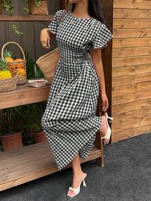 Serisse فستان نسائي كاجوال بنقشة مربعات بطول متوسط للعطلات - أبيض وأسود - مشاهدة 8