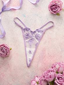Elorette Purple Embroidered Floral Pattern Exquisite Romantic Women's T-Back Panties - Mauve Purple - View 3