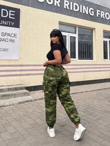 POPSWAY Plus Size Camouflage Print Casual Multi-Pocket Drawstring Cargo Pants Fall - Army Green - View 5