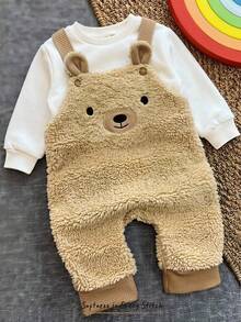 Cozy Pixies Baby Boy Solid Color Knit Soft Crew Neck Long Sleeve Pullover Sweatshirt With Cute Teddy Bear Embroidered Pattern And Suspenders Long Pants 2-Piece Set, Versatile And Comfortable - Khaki - View 3