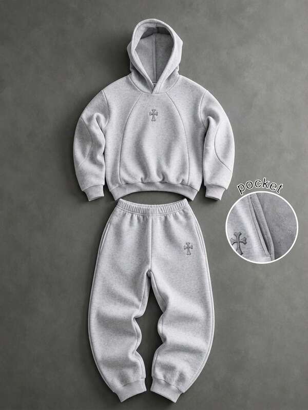 SHEIN 2pcs/Set Boys' Hoodie & Sweatpants Set, Early Autumn New Arrival, Back To School Essential, High-End Grey Minimalist Streetwear Style, Long Sleeve Pullover Hoodie With Matching Drawstring Cuffed Sweatpants, Classic Dark Cross Flower Pattern, Casual Daily Wear, Street Style Outfit For Boys, Recommended For School And Outings