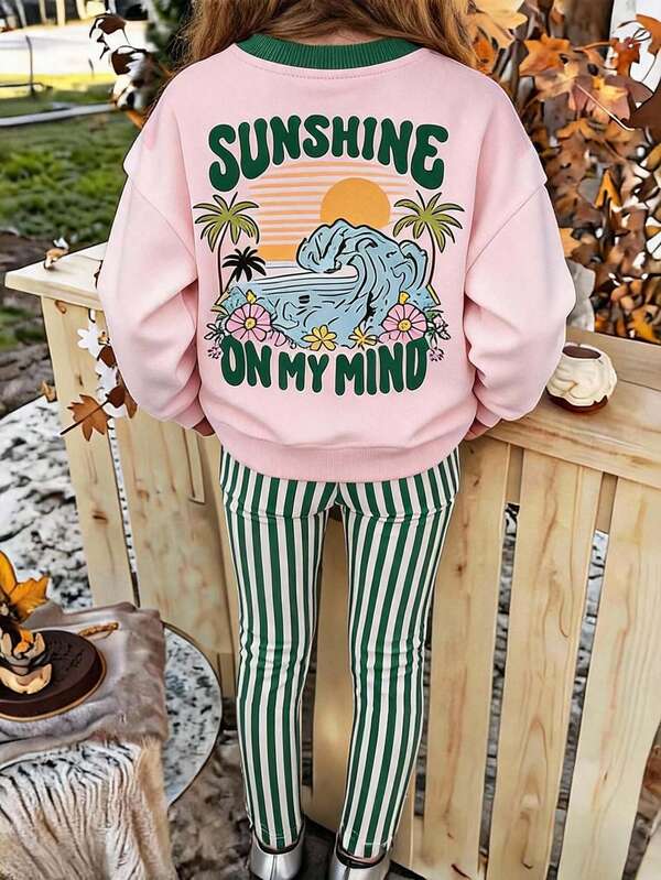 Young Girl Casual Crew Neck Long Sleeve Sweatshirt & Leggings 2pcs Set, Suitable For Autumn/Winter