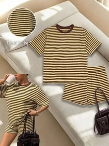 SHEIN EZwear 大尺碼夏季休閒條紋圓領短袖T恤與短褲兩件套 - 彩色 - 查看 10