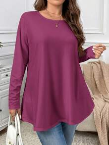 Firerie Kaos Kasual Ukuran Besar Model Longgar, Bahu Jatuh, Leher Bulat, Lengan Panjang, Warna Polos, Cocok untuk di Rumah, Liburan, dan Sebagai Lapisan Pakaian Musim Semi dan Gugur - Red Violet - View 4