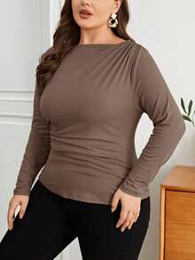 SHEIN Privé Plus Size Women Solid Color Ruched Fitted Versatile Casual T-Shirt - Khaki - View 3