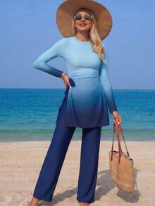 Swim Mulvari Conjunto de dos piezas suelto con degradado azul, pantalones de pierna ancha con diseño degradado, atuendo favorecedor y estilizante - Multicolor - Ver 3