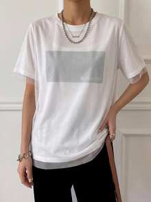 FRIFUL Women's Summer Spring Solid Color Patchwork Sheer Mesh Loose Casual Versatile T-Shirt - White - View 2