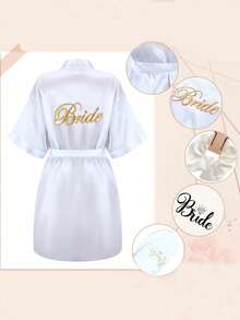 4-Piece Bridal Gift Set: Bridal Morning Robe, Bridal Slippers, And Bridal Canvas Handbag. The Satin Morning Gown Is Suitable For Wearing On The Wedding Day, While The Bridal Slippers Come With A Shoulder Back Makeup Bag - Multicolor - View 8