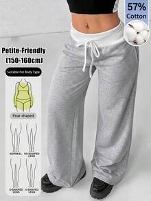 SHEIN PETITE 休閒百搭通勤對比腰帶長褲 - 灰色 - 查看 2