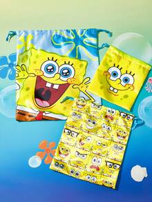 SpongeBob SquarePants | SHEIN 海洋卡通緞面抽繩收納袋，單件或組合販售，柔軟光滑布料，防塵抽繩設計，適合旅行衣物與盥洗用品收納 - 黃藍色 - 查看 2