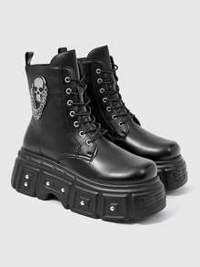 Sugerpunk Women Heeled Sandals Platform Punk Boots Skull Rivet Chain Dark Pu Platform Locomotive Booties Fall Shoes - Black - View 3