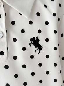 SHEIN Tween女孩對比白POLO領黑白波點Logo印花長袖寬鬆A字洋裝 優雅學院風 - 黑與白 - 查看 8