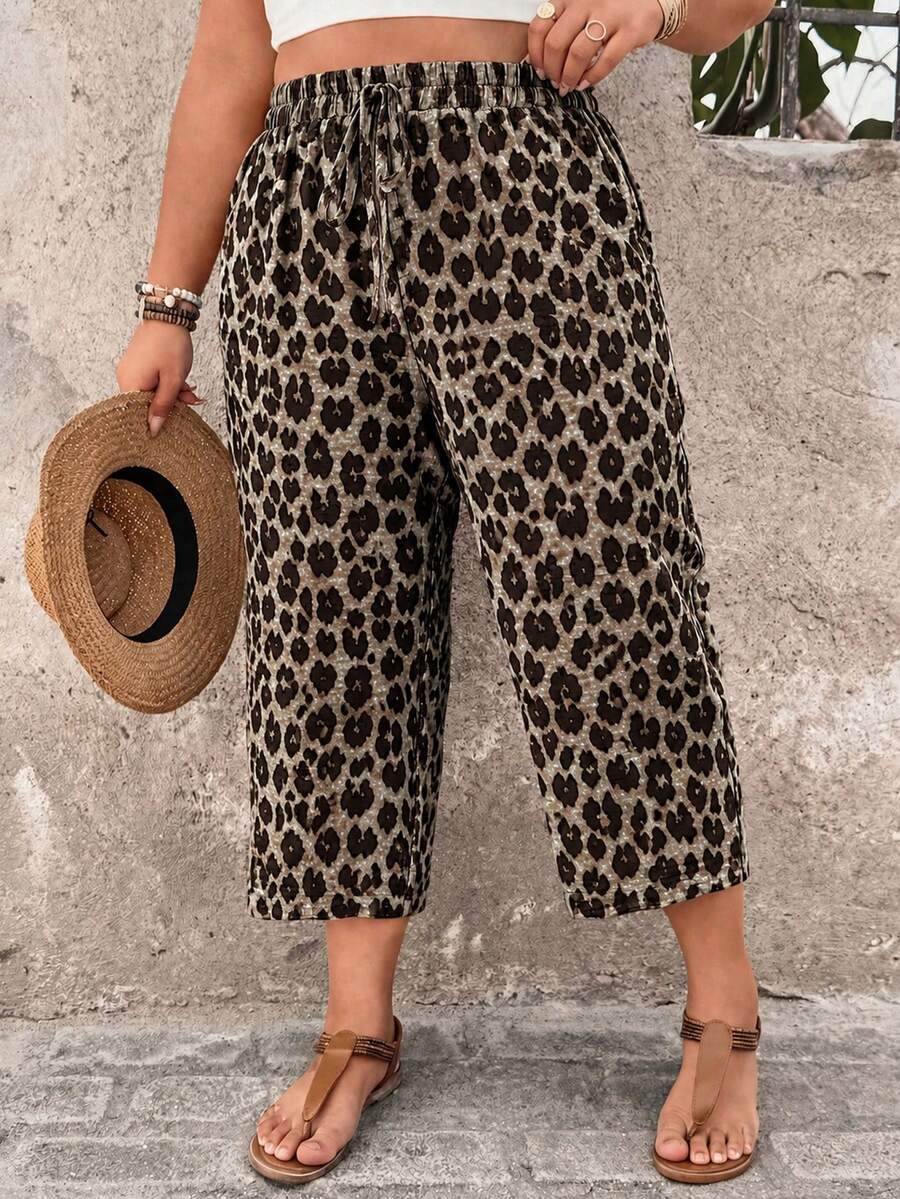 Breezaya Celana Panjang Wanita Ukuran Besar Kasual Sehari-hari, Celana Capri Bertekstur Nyaman, Celana Formal Beige untuk Liburan Musim Semi/Panas di Pedesaan - Coklat - View 1