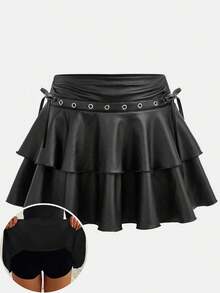 SHEIN 兒童青少年女孩秋/冬新款黑色純色休閒抽繩綁帶雙層蛋糕裙，PU材質，派對聚會，內建安全褲，返校季 - 黑色 - 查看 1