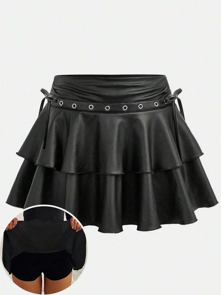 SHEIN 兒童青少年女孩秋/冬新款黑色純色休閒抽繩綁帶雙層蛋糕裙,PU材質,派對聚會,內建安全褲,返校季 - 黑色 - 查看 1