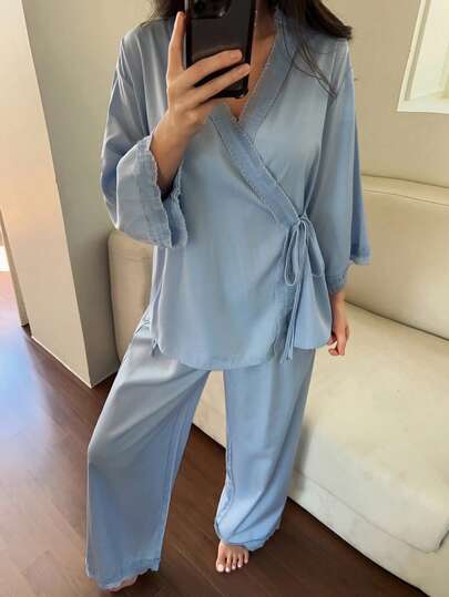 DAZY Women's Tie Wrap Top And Pants Pajama Set