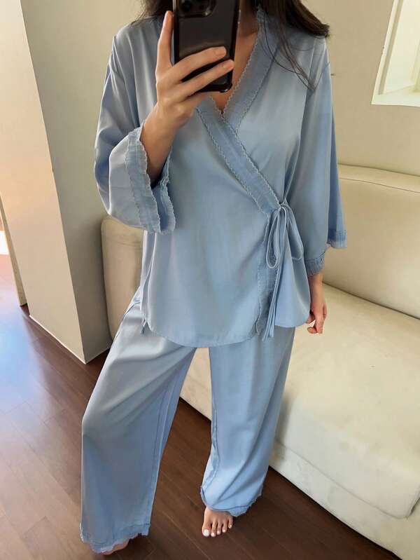 DAZY Women's Tie Wrap Top And Pants Pajama Set
