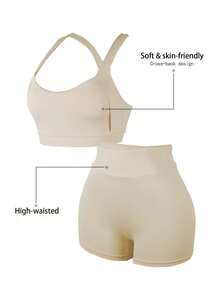 Dewbera Dewbera Women's 2 Pieces Beige Sports Set, Tank Top And Shorts Design 2 Pieces Sports Set, Patchwork Design Sports Tank Top And Shorts Set - Beige - View 4