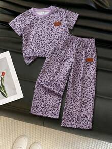 Elladie kids 女童休閒寬鬆落肩豹紋中袖衛衣與運動褲2件套返校穿搭，適合休閒、日常穿著及秋冬學校日常穿著，適用於聖誕節、女童冬季服飾、聖誕穿搭、派對穿著、日常穿著、學校日常穿搭、生日穿搭、公主風穿搭、母女與姊妹套裝，灰色適合小男孩，青少年休閒穿搭，青少年兒童休閒服 - 紫色 - 查看 3